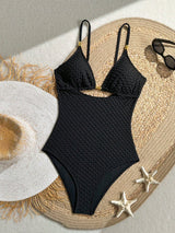 SHEIN Swim Vcay 2026 ملابس سباحة نسائية جديدة لقضاء العطلات الصيفية على الشاطئ بلون سادة بقماش محكم ومزين بالخرز