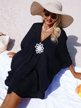 SHEIN Swim Vcay Beach Holiday Spring/Summer Swimsuit Cover-Up, V-Neck Floral Embroidery Loose Style
