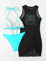 طقم بيكيني نسائي SHEIN Swim Vcay Springbreak بلون سادة وربطة عنق مع فستان شبكي شفاف مطبوع عليه حروف
