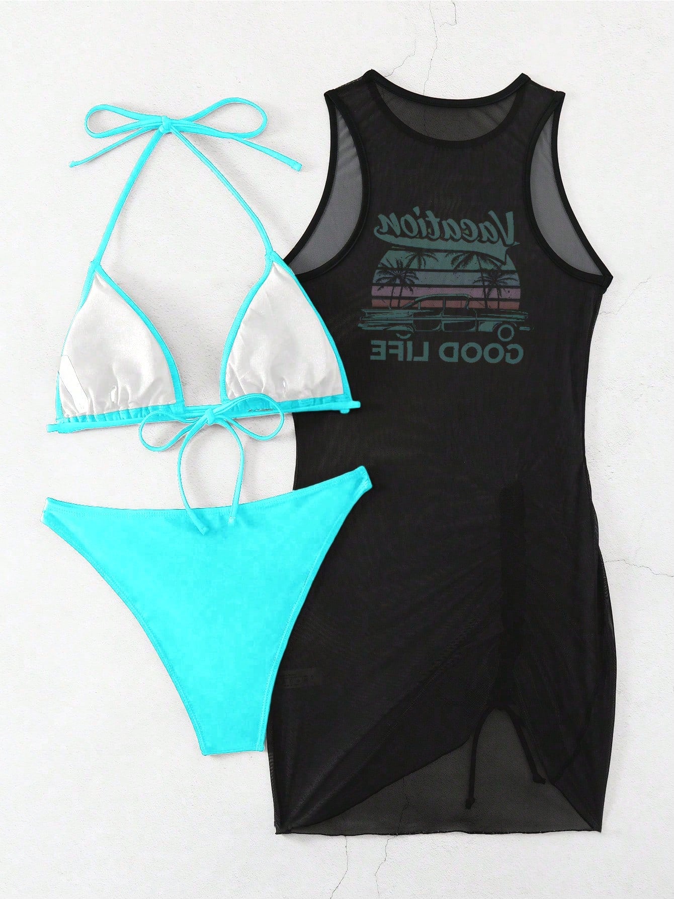 طقم بيكيني نسائي SHEIN Swim Vcay Springbreak بلون سادة وربطة عنق مع فستان شبكي شفاف مطبوع عليه حروف
