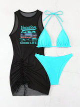 طقم بيكيني نسائي SHEIN Swim Vcay Springbreak بلون سادة وربطة عنق مع فستان شبكي شفاف مطبوع عليه حروف