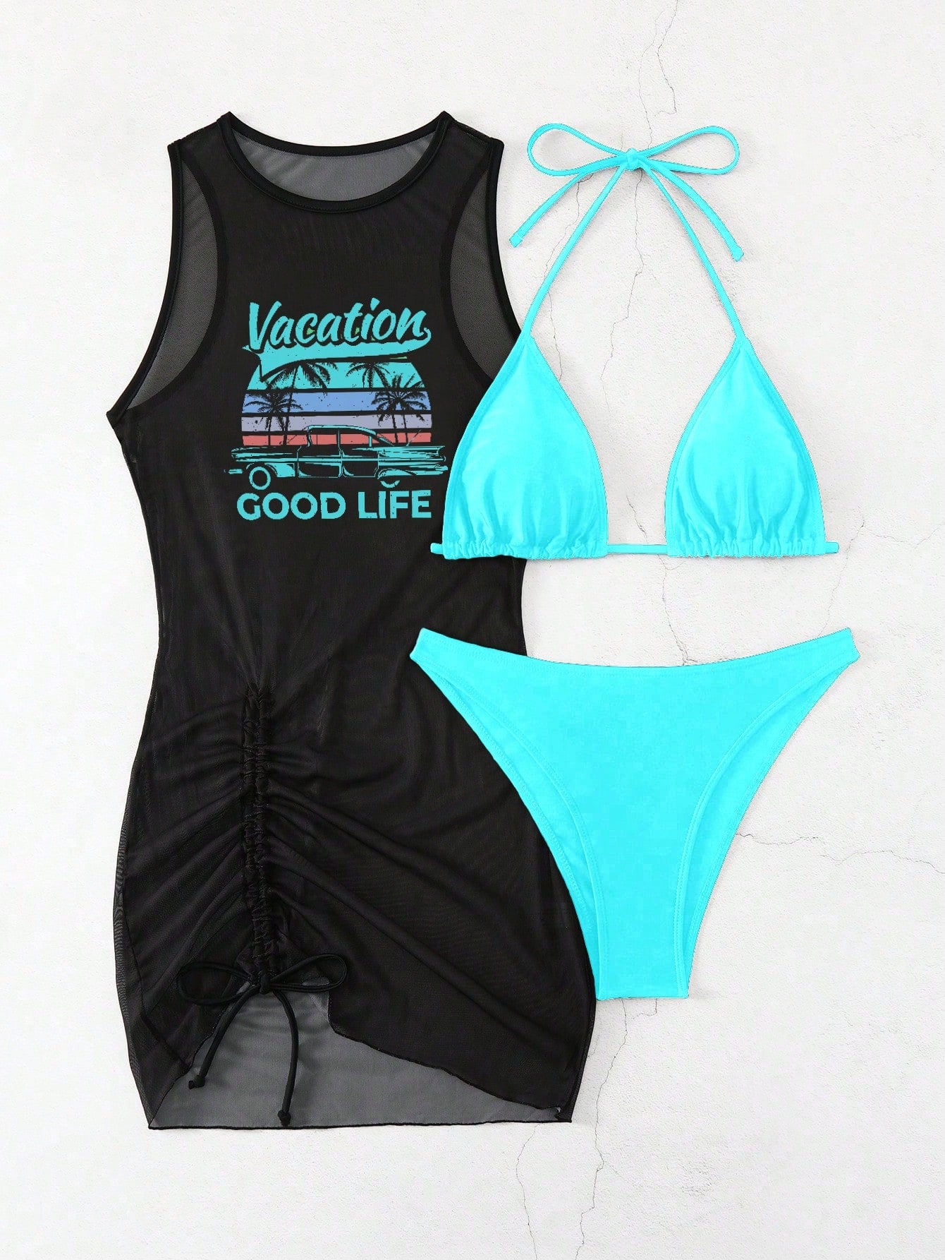 طقم بيكيني نسائي SHEIN Swim Vcay Springbreak بلون سادة وربطة عنق مع فستان شبكي شفاف مطبوع عليه حروف