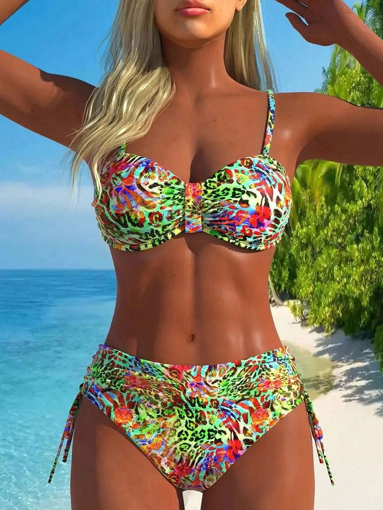 Swim Vcay Tropical Floral Print Spaghetti Strap Ruched Bust Bandeau Bikini Swimwear Set
