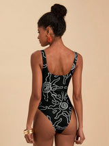 SHEIN Travachic 1pc Women Abstract Line Star Print Square Neck One-Piece Swimsuit