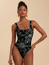 SHEIN Travachic 1pc Women Abstract Line Star Print Square Neck One-Piece Swimsuit
