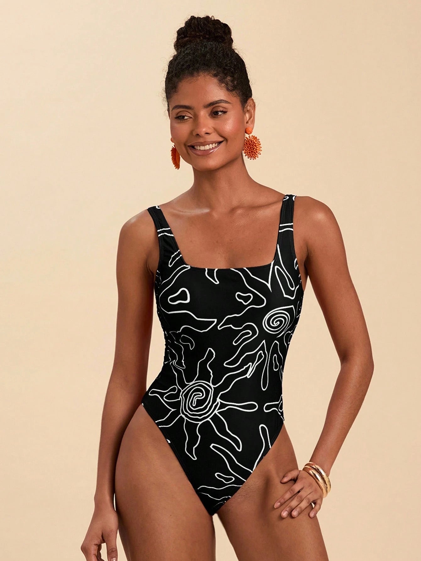 SHEIN Travachic 1pc Women Abstract Line Star Print Square Neck One-Piece Swimsuit