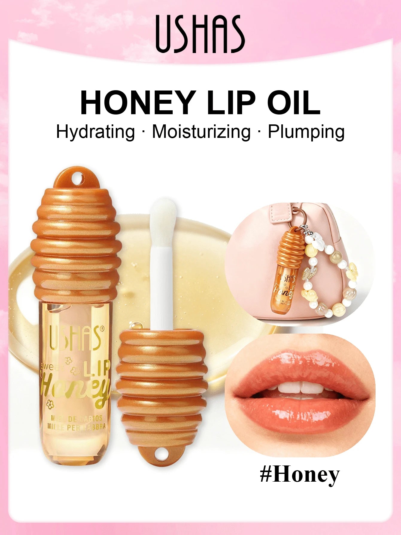 Ushas honey lip oil with packaging and a close-up of lips with the product applied on a pink background.