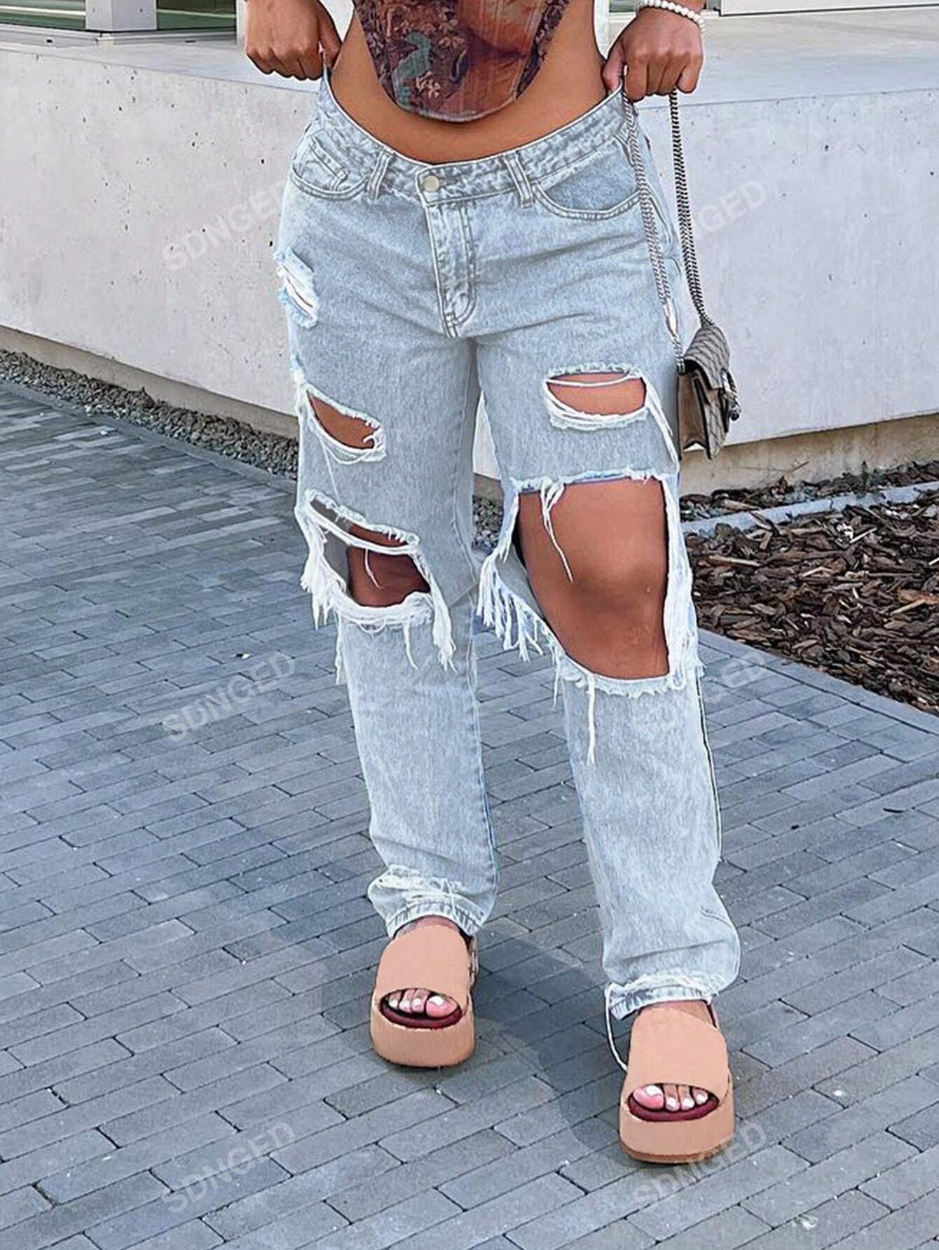بنطلون جينز نسائي من SHEIN بتصميم أمريكي ممزق D1B