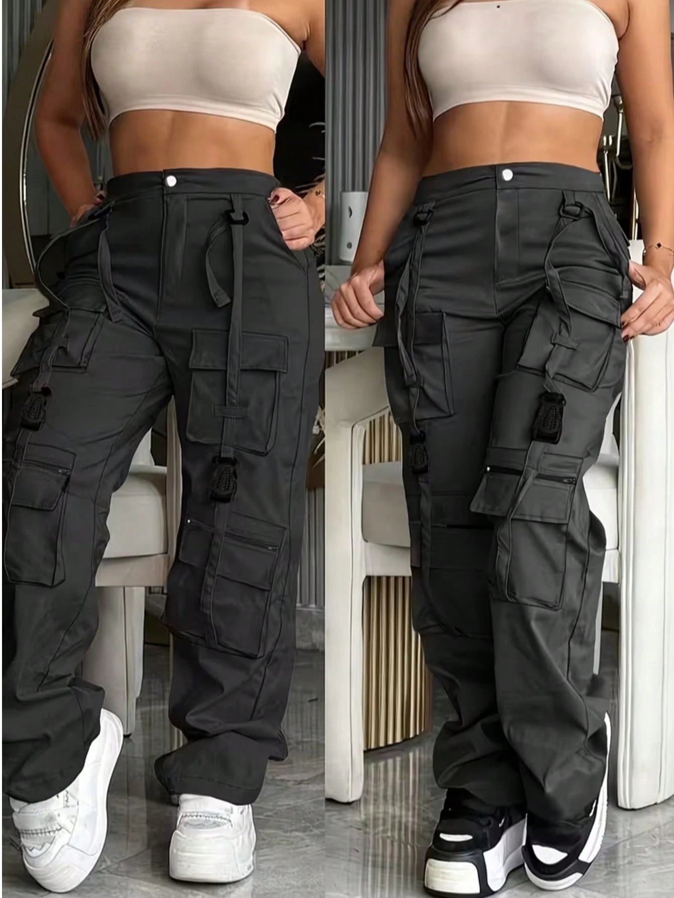 Person wearing black cargo pants with multiple pockets in two different poses.