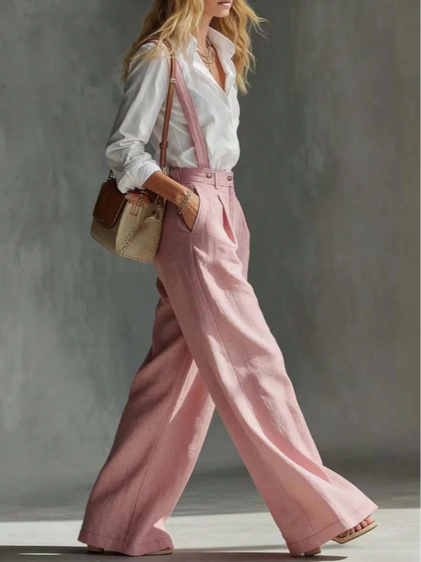 A woman wearing pink wide-leg linen overalls with a white long-sleeve button-up shirt, carrying a woven tan shoulder bag, walking against a textured gray studio background.