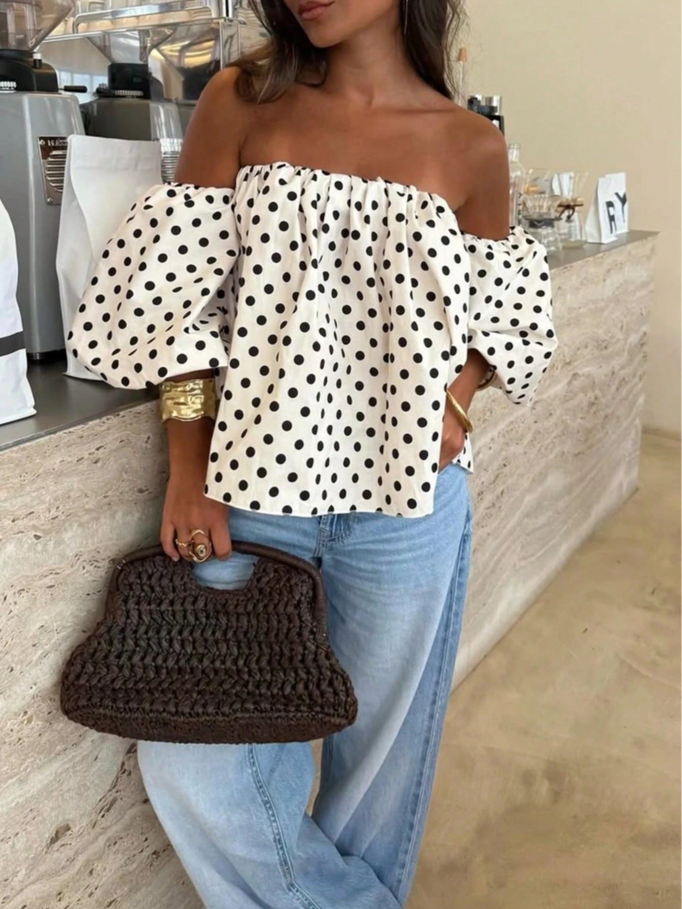 Women's Polka Dot Contrast Color Pleated Off-Shoulder Top