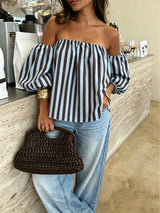 Women's Striped Contrast Color Woven Fabric Ruffle Off Shoulder Blouse