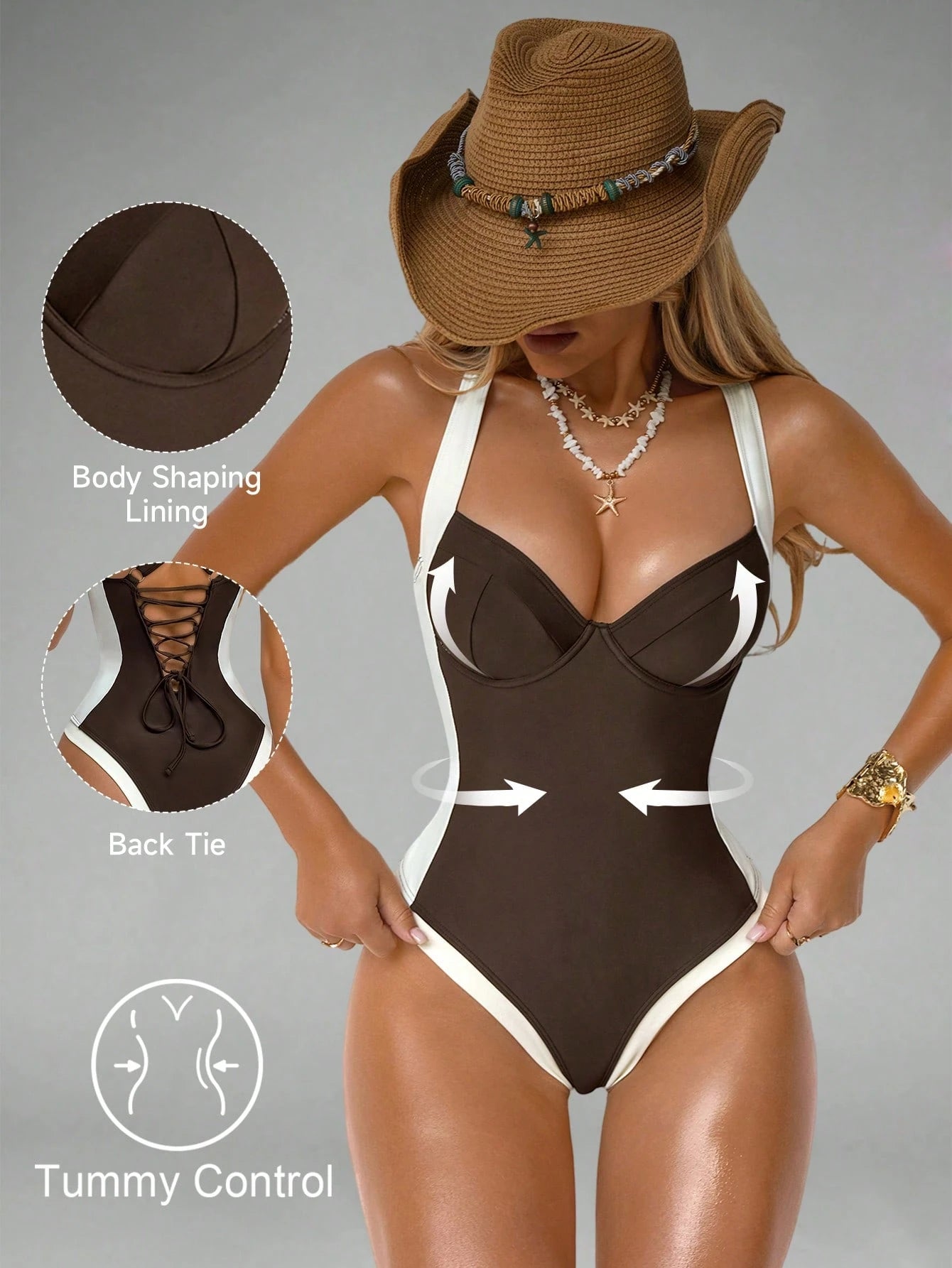 Women's Tummy Control One-Piece Swimsuit With Side Splice, Push-Up, Slimming, Brown & Beige