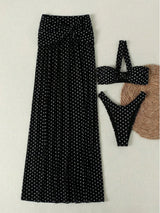 SHEIN Women's Elegant Fashion Black & White Polka Dot Sexy One-Shoulder Ruched Twist Bikini 3-Piece Swimwear Set
