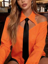 SHEIN Women's Elegant Hollow-Out Sexy Off-Shoulder Contrast Color Tie Neck Long Sleeve Blouse, Suitable For Spring/Summer, Vacation, Outdoor Wear