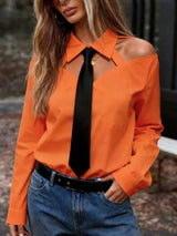SHEIN Women's Elegant Hollow-Out Sexy Off-Shoulder Contrast Color Tie Neck Long Sleeve Blouse, Suitable For Spring/Summer, Vacation, Outdoor Wear