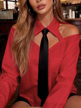 SHEIN Women's Elegant Hollow-Out Sexy Off-Shoulder Contrast Tie Collar Long Sleeve Red Blouse, Suitable For Spring/Summer, Vacation, Outdoor Wear