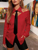 SHEIN Women's Elegant Hollow-Out Sexy Off-Shoulder Contrast Tie Collar Long Sleeve Red Blouse, Suitable For Spring/Summer, Vacation, Outdoor Wear