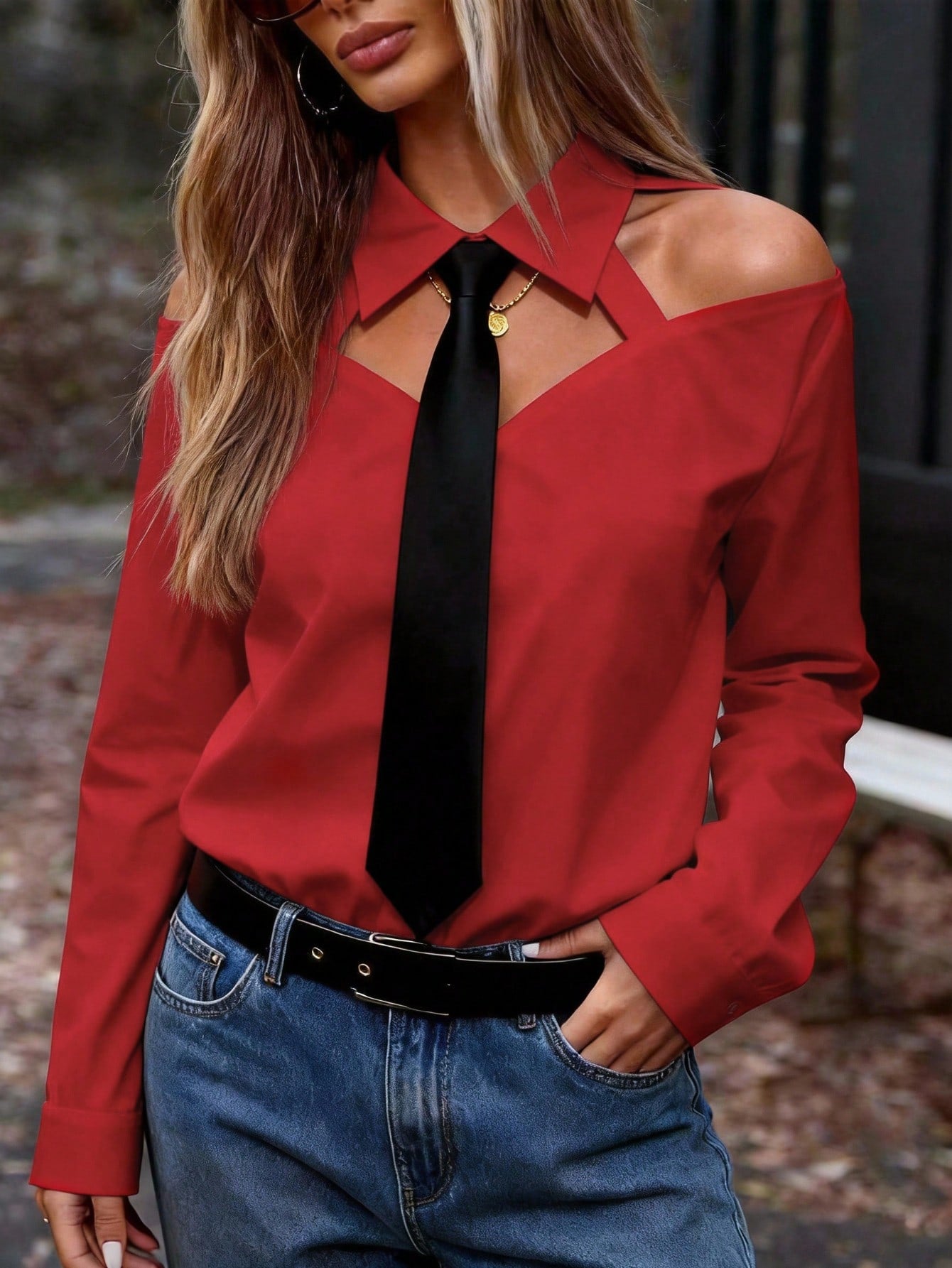 SHEIN Women's Elegant Hollow-Out Sexy Off-Shoulder Contrast Tie Collar Long Sleeve Red Blouse, Suitable For Spring/Summer, Vacation, Outdoor Wear