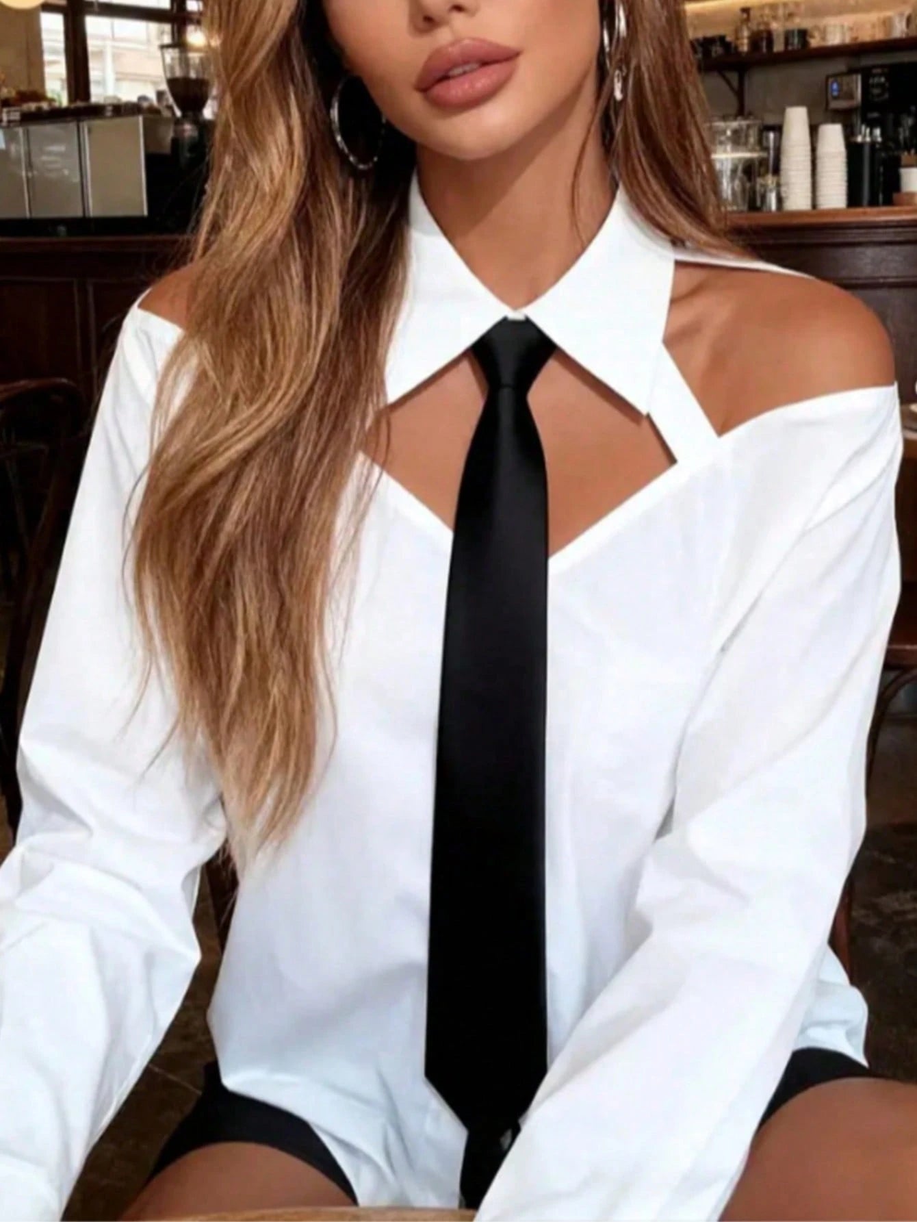 SHEIN Women's Elegant Hollow-Out Sexy Open Shoulder Contrast Color Tie Neck Long Sleeve Blouse, Suitable For Spring/Summer, Vacation, Outdoor Wear White