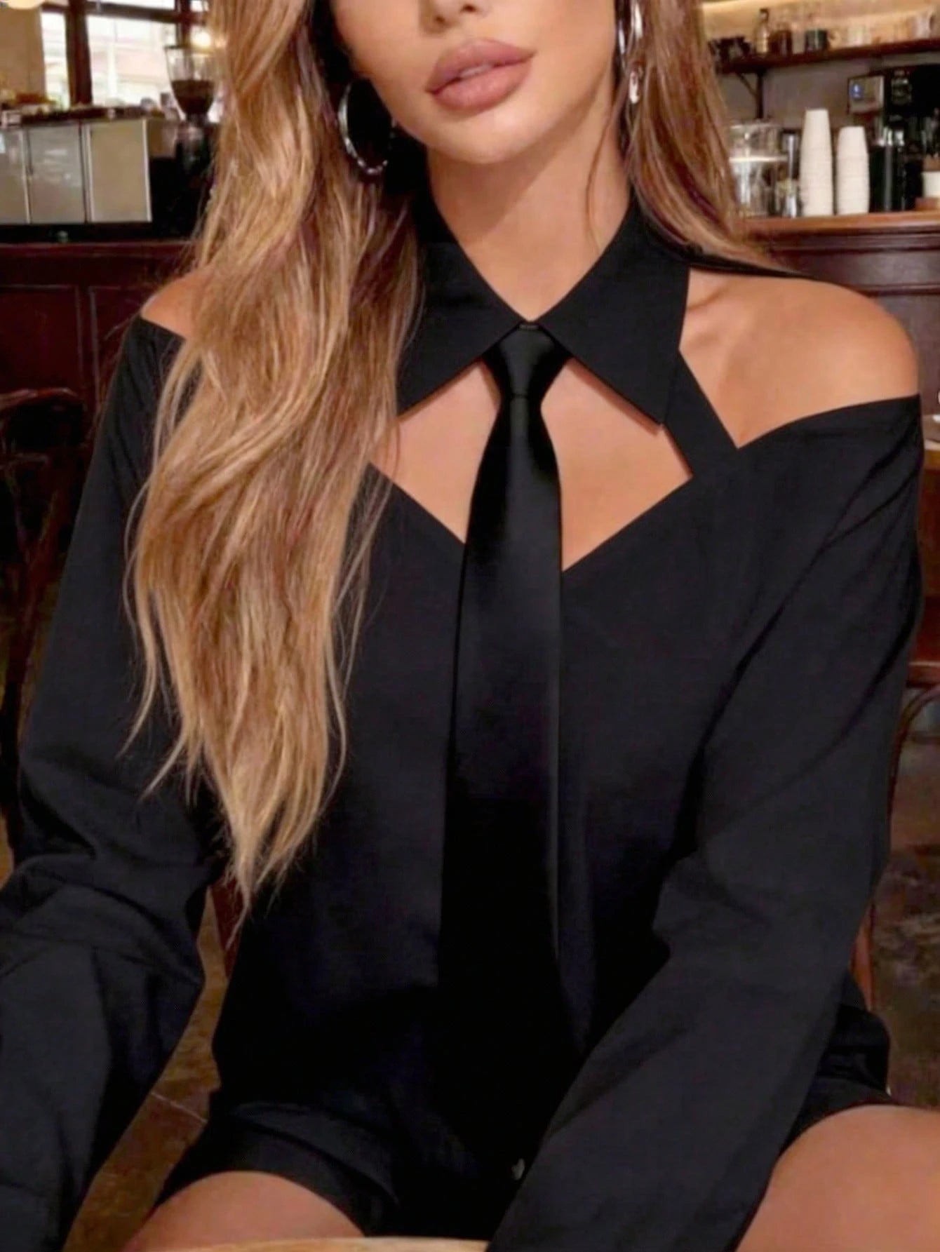 SHEIN Women's Elegant Hollow Out Sexy Off-Shoulder Black Tie Neck Long Sleeve Blouse, Suitable For Spring/Summer, Vacation, Outdoor Wear