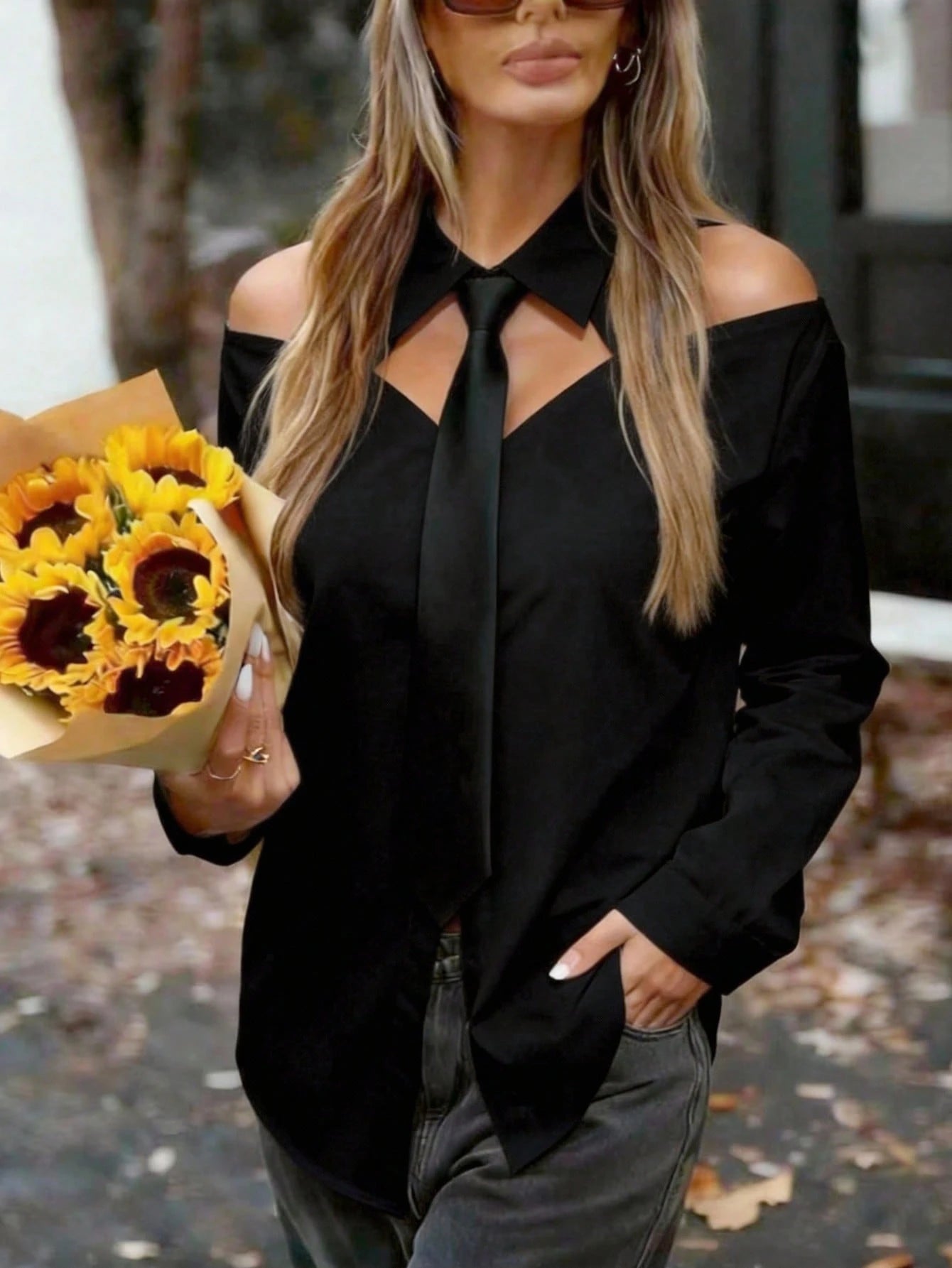 SHEIN Women's Elegant Hollow Out Sexy Off-Shoulder Black Tie Neck Long Sleeve Blouse, Suitable For Spring/Summer, Vacation, Outdoor Wear