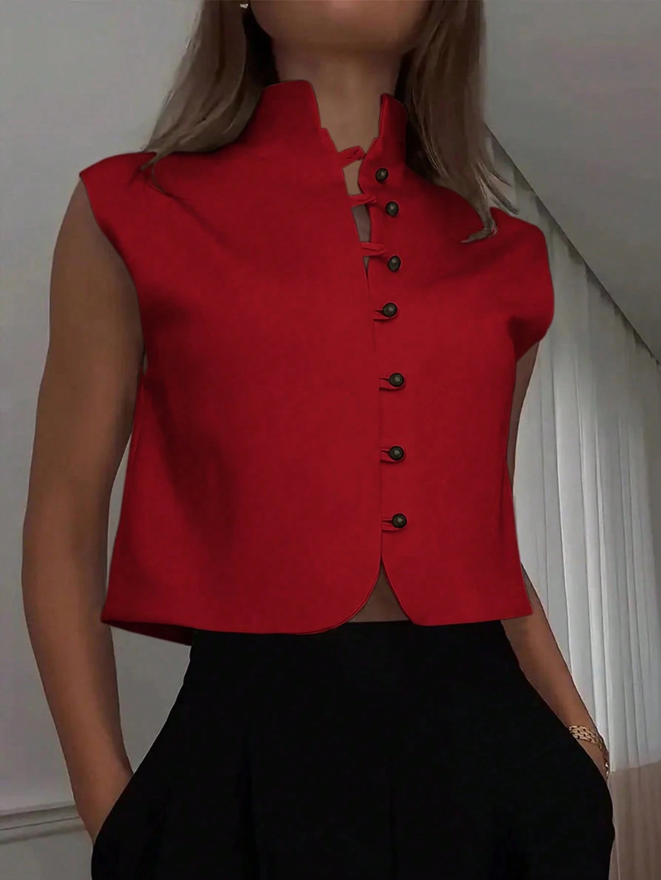 SHEIN Women's Elegant Sleeveless Solid Color Woven Fabric Tank Top, Summer Casual Red