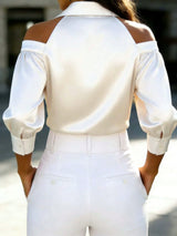 SHEIN Women's Fashion Buckle Decor Polyester Regular Fit 3/4 Sleeve Semi-Sheer Collar Blouse White Spring