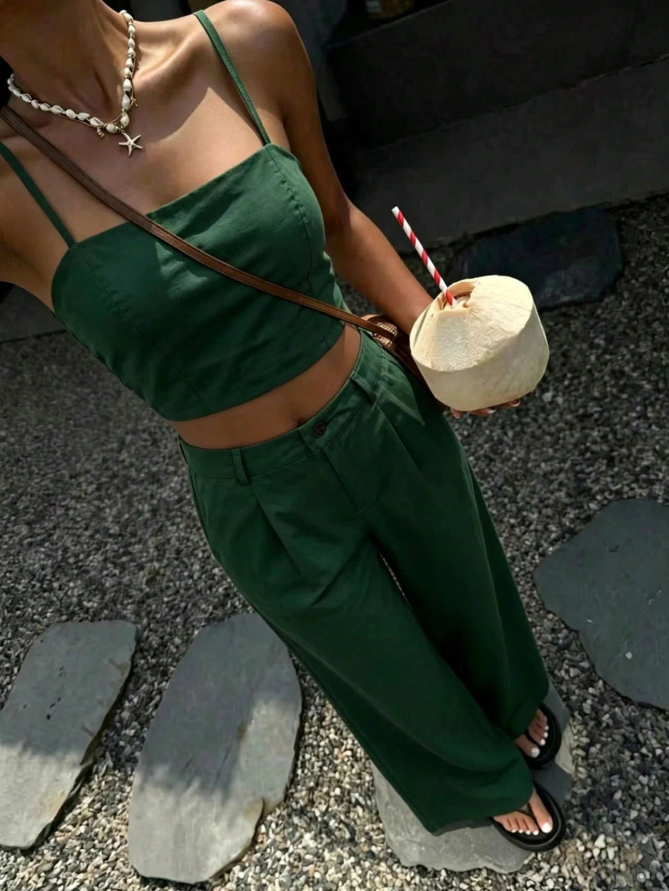 SHEIN Women's Green 2 Pieces Set, Camisole Top + High Waist Wide Leg Pants