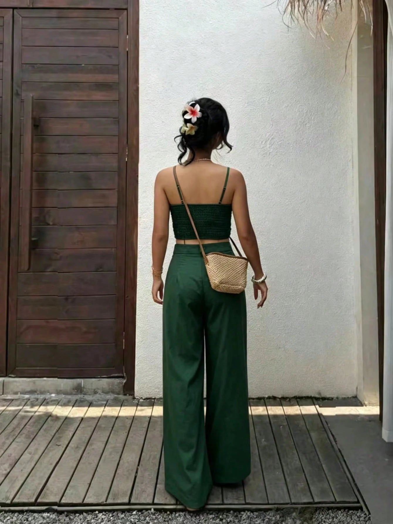 SHEIN Women's Green 2 Pieces Set, Camisole Top + High Waist Wide Leg Pants