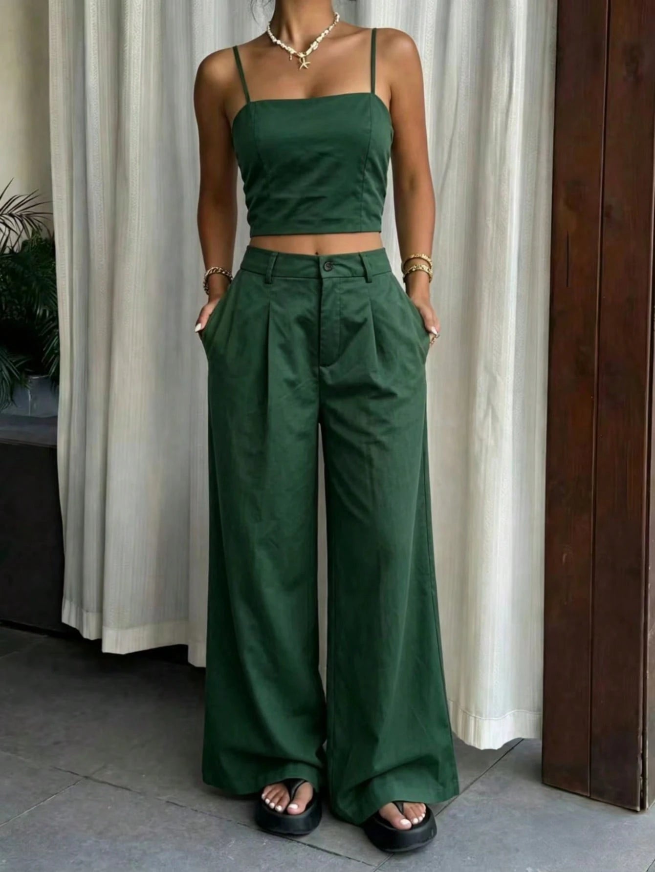 SHEIN Women's Green 2 Pieces Set, Camisole Top + High Waist Wide Leg Pants