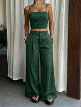 SHEIN Women's Green 2 Pieces Set, Camisole Top + High Waist Wide Leg Pants