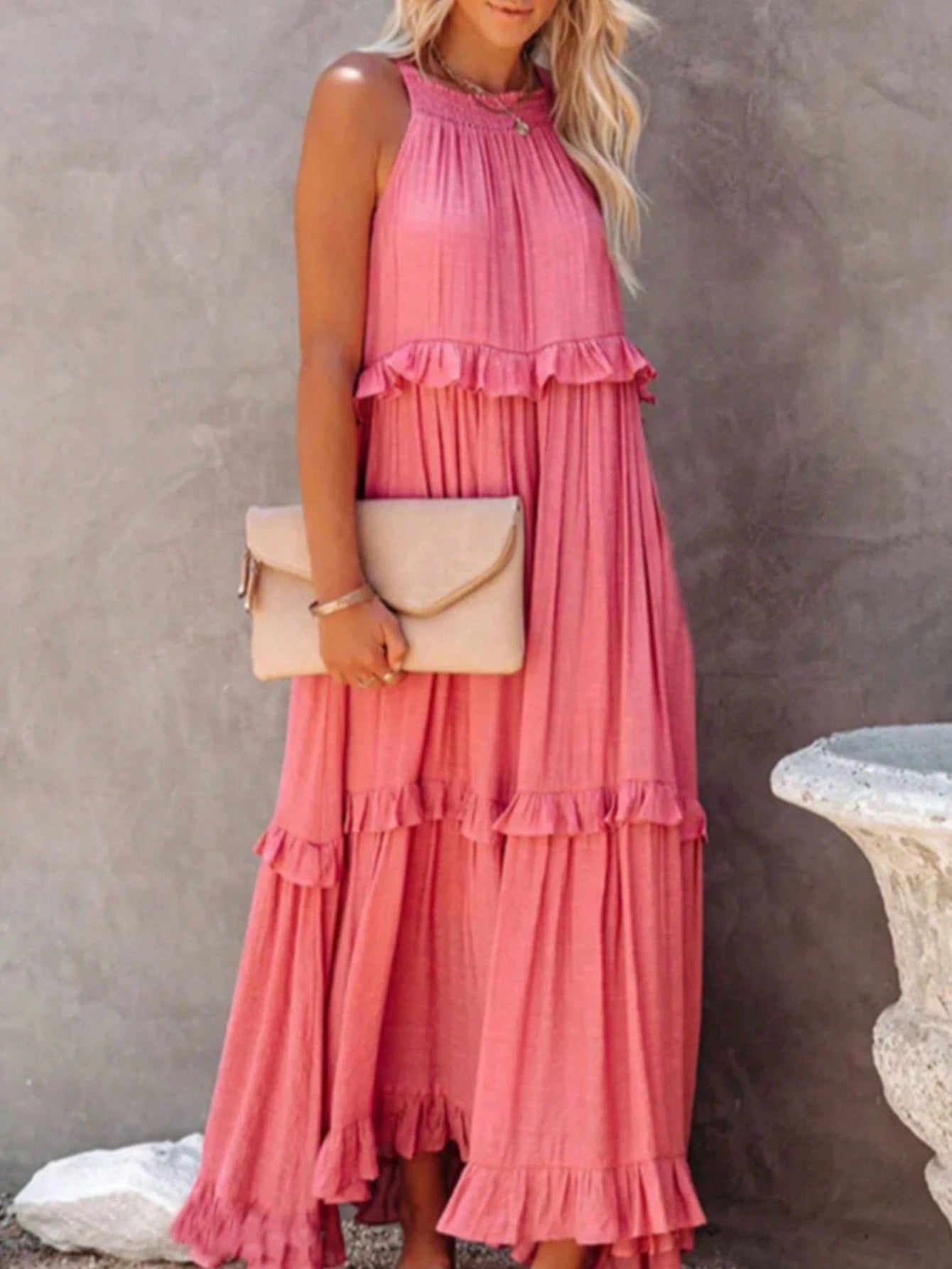SHEIN Women's Long Summer Dress, Casual Halter Neck Tie Waist Dress Wi PINK SHOP EG SHEIN Women's Long Summer Dress, Casual Halter Neck Tie Waist Dress Wi PINK SHOP EG