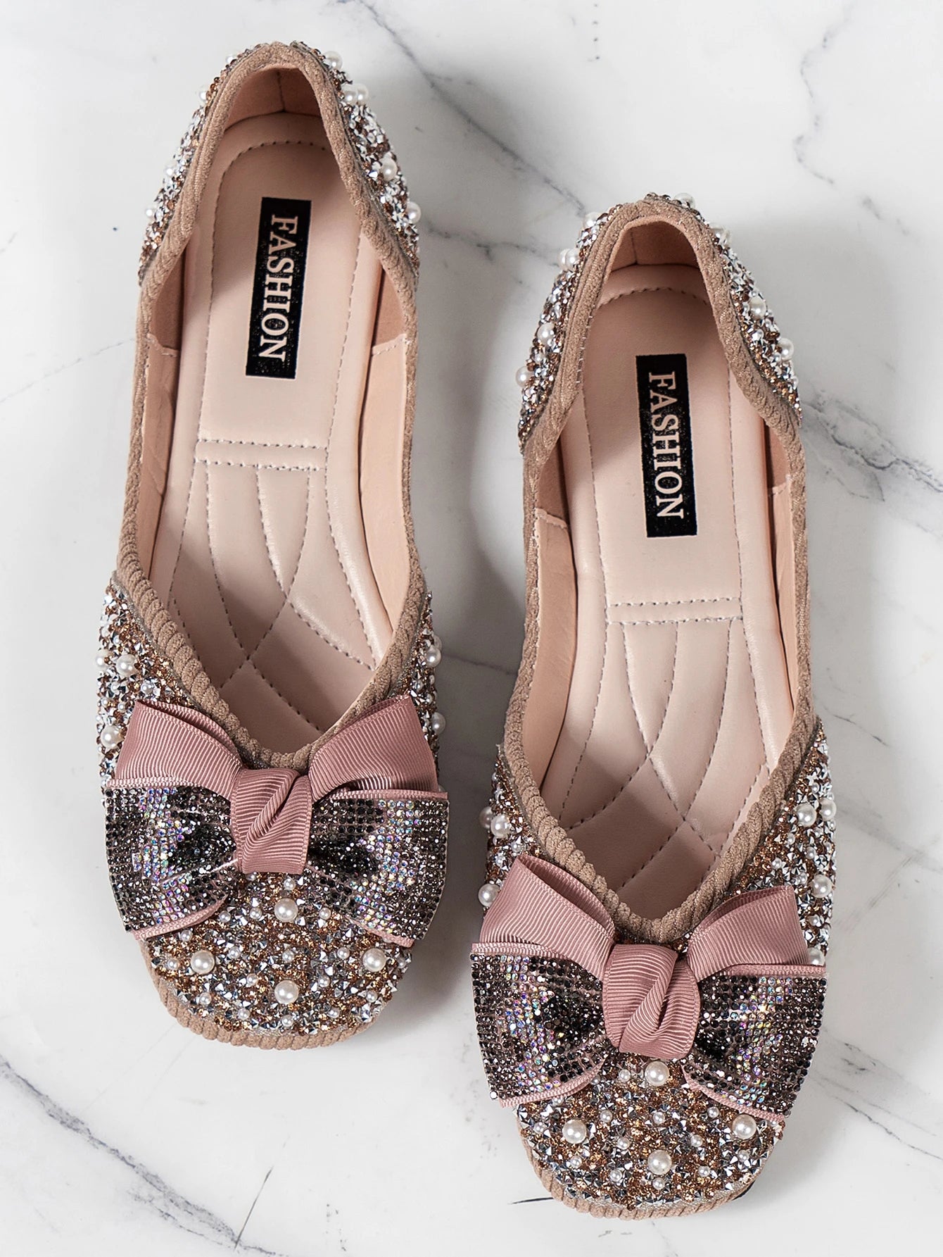 SHEIN Women's Pearl & Rhinestone Decorated Bow Casual Flat Shoes