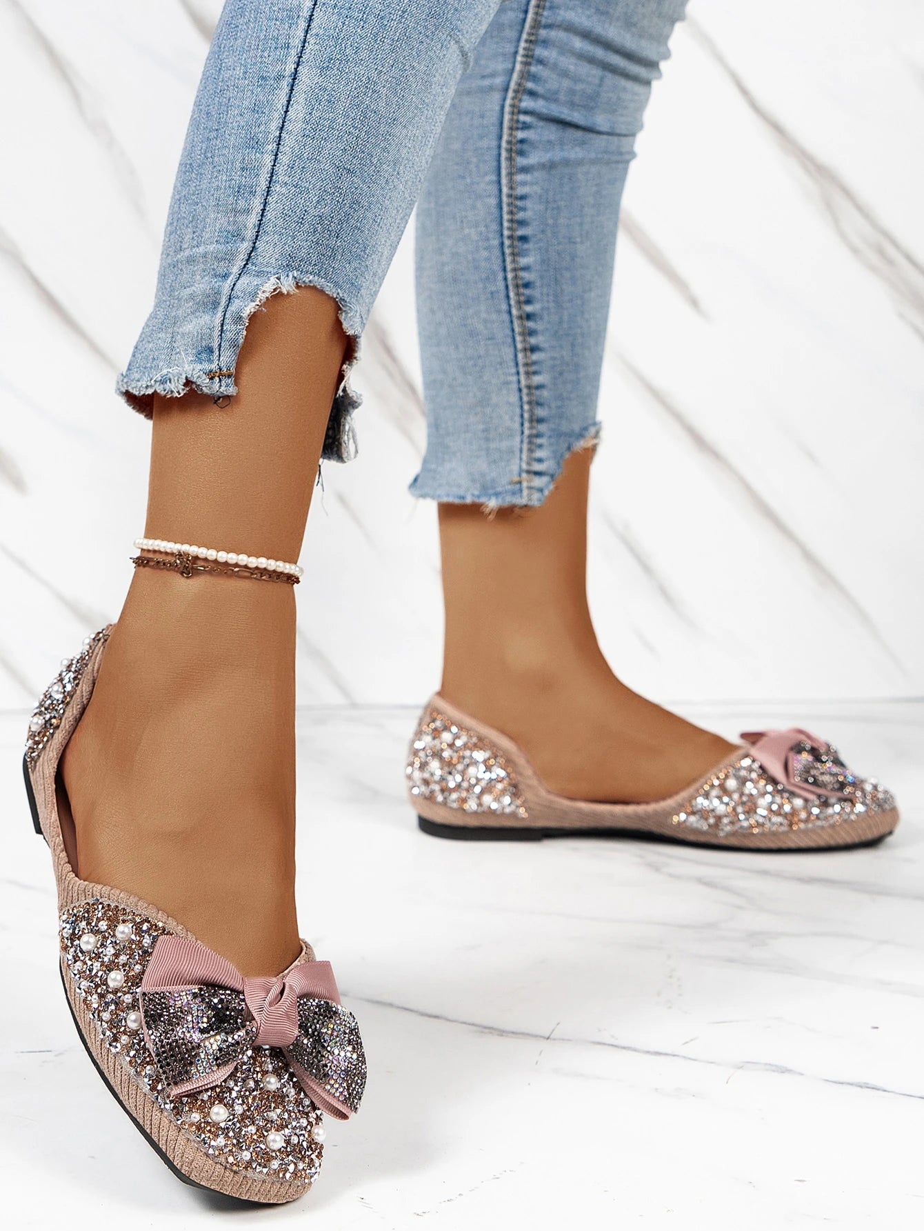 SHEIN Women's Pearl & Rhinestone Decorated Bow Casual Flat Shoes