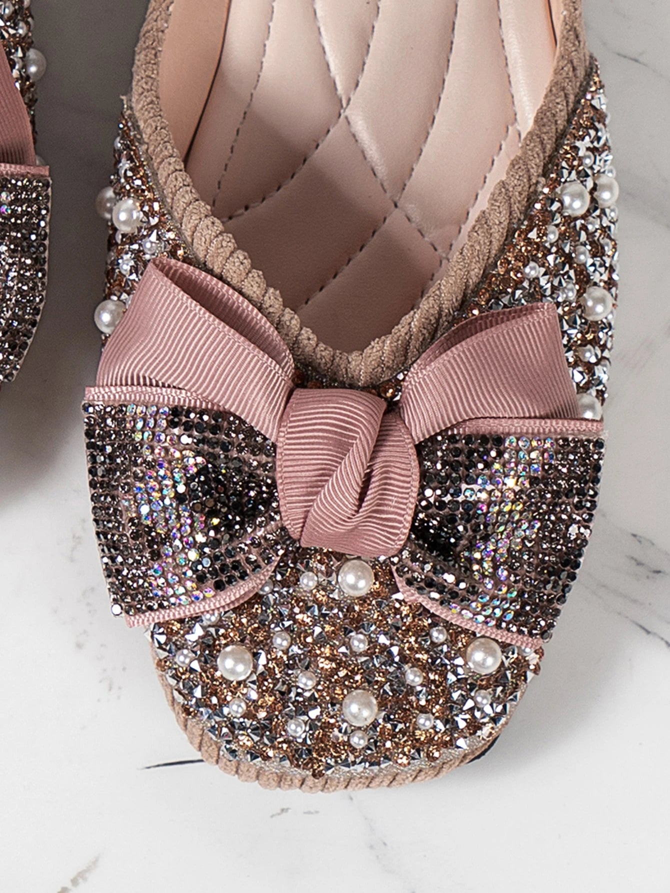 SHEIN Women's Pearl & Rhinestone Decorated Bow Casual Flat Shoes