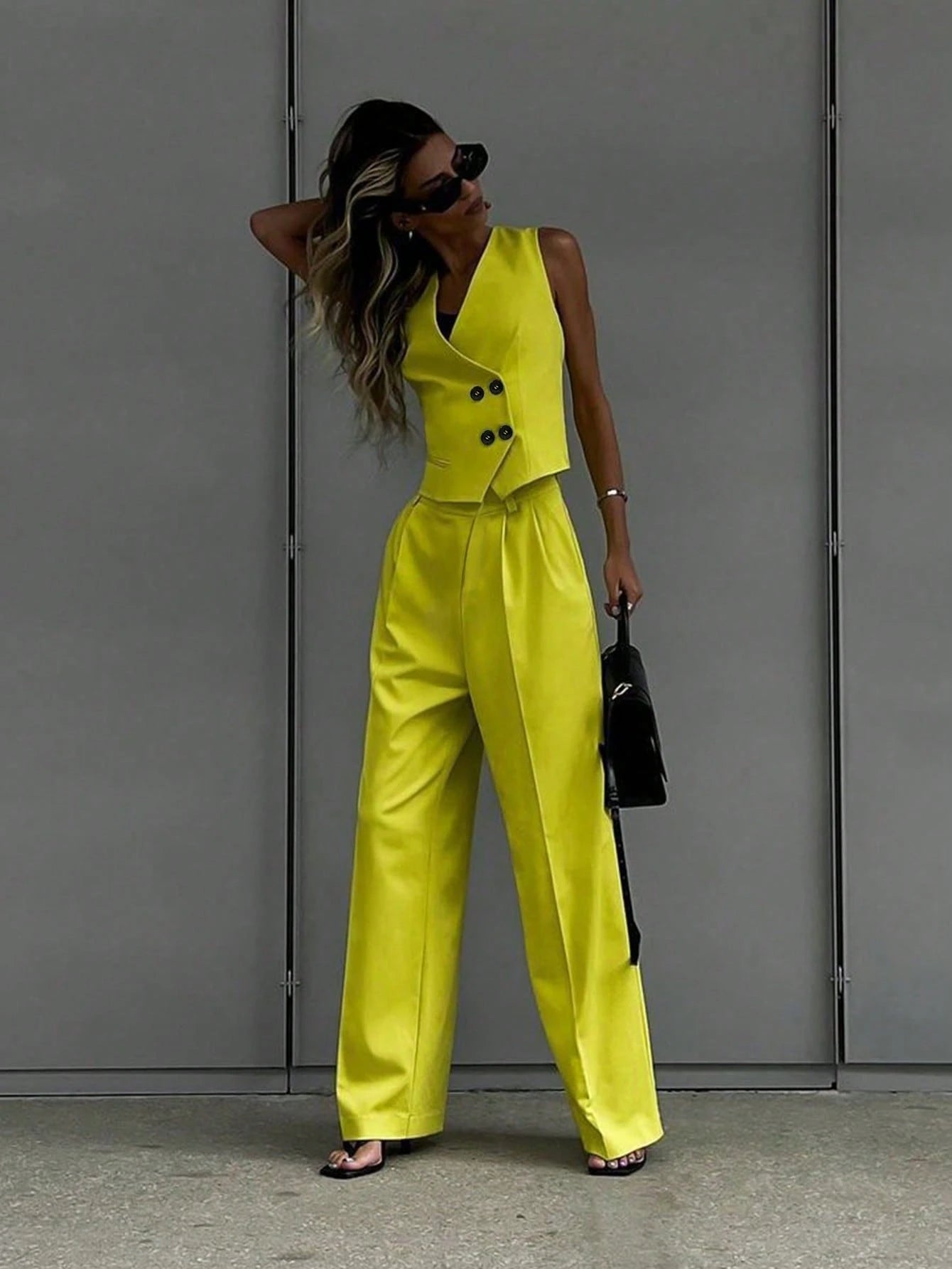 SHEIN Women's Retro Elegant Casual Suit Vest And Pants Set, Suitable For Daily Wear And Work, Yellow Outfit, Teacher Work Attire Summer