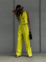 SHEIN Women's Retro Elegant Casual Suit Vest And Pants Set, Suitable For Daily Wear And Work, Yellow Outfit, Teacher Work Attire Summer