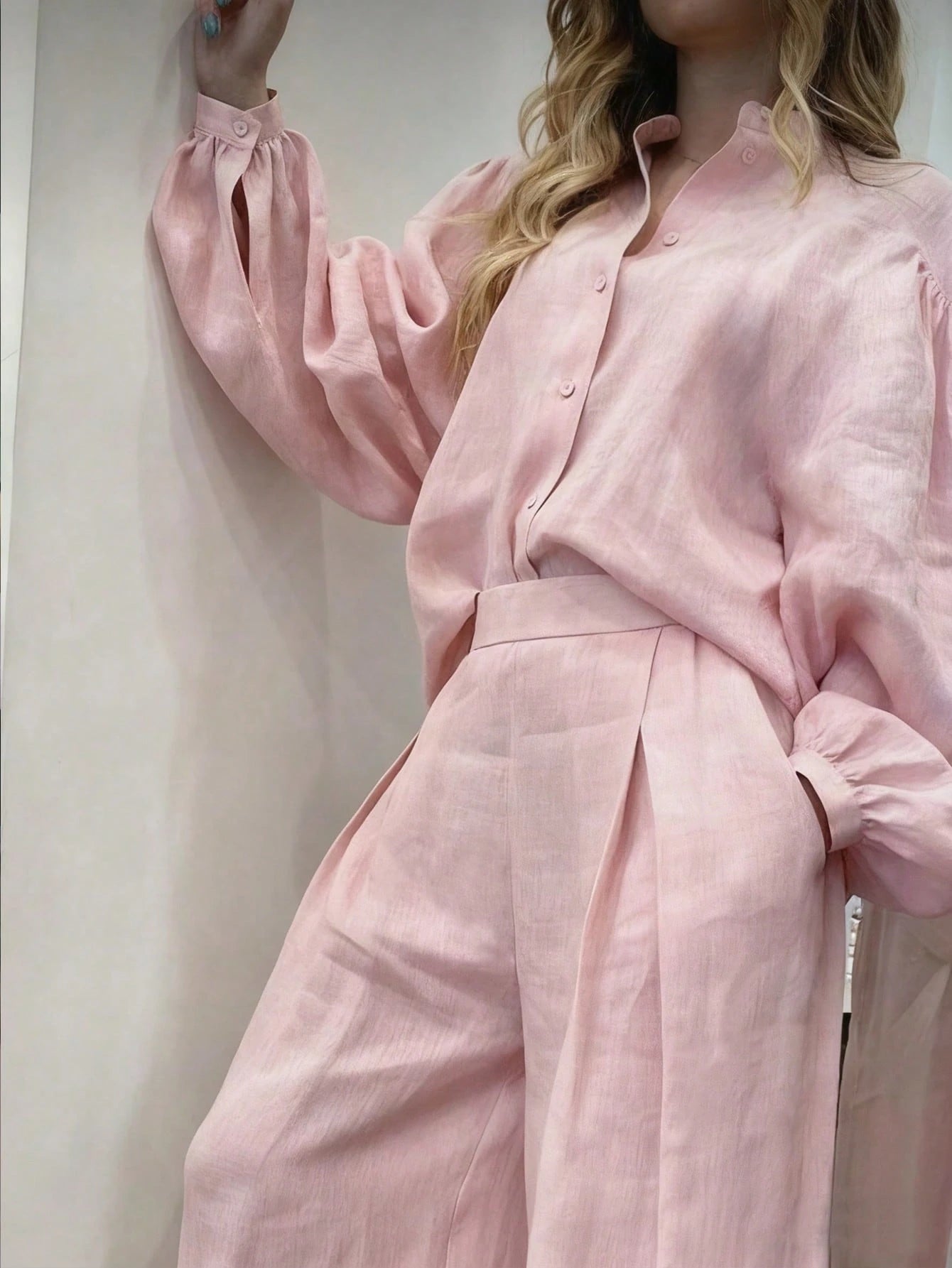 Women's Solid Color Front Button Long Sleeve Top And Pocket Loose Pants 2 Pieces Set