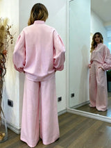 طقم شي إن مكون من قطعتين، لون موحد، أزرار أمامية، أكمام طويلة للنساء 