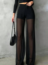 SHEIN Women's Solid Color Sheer Mesh High Waist Straight Leg Casual Elegant Pants