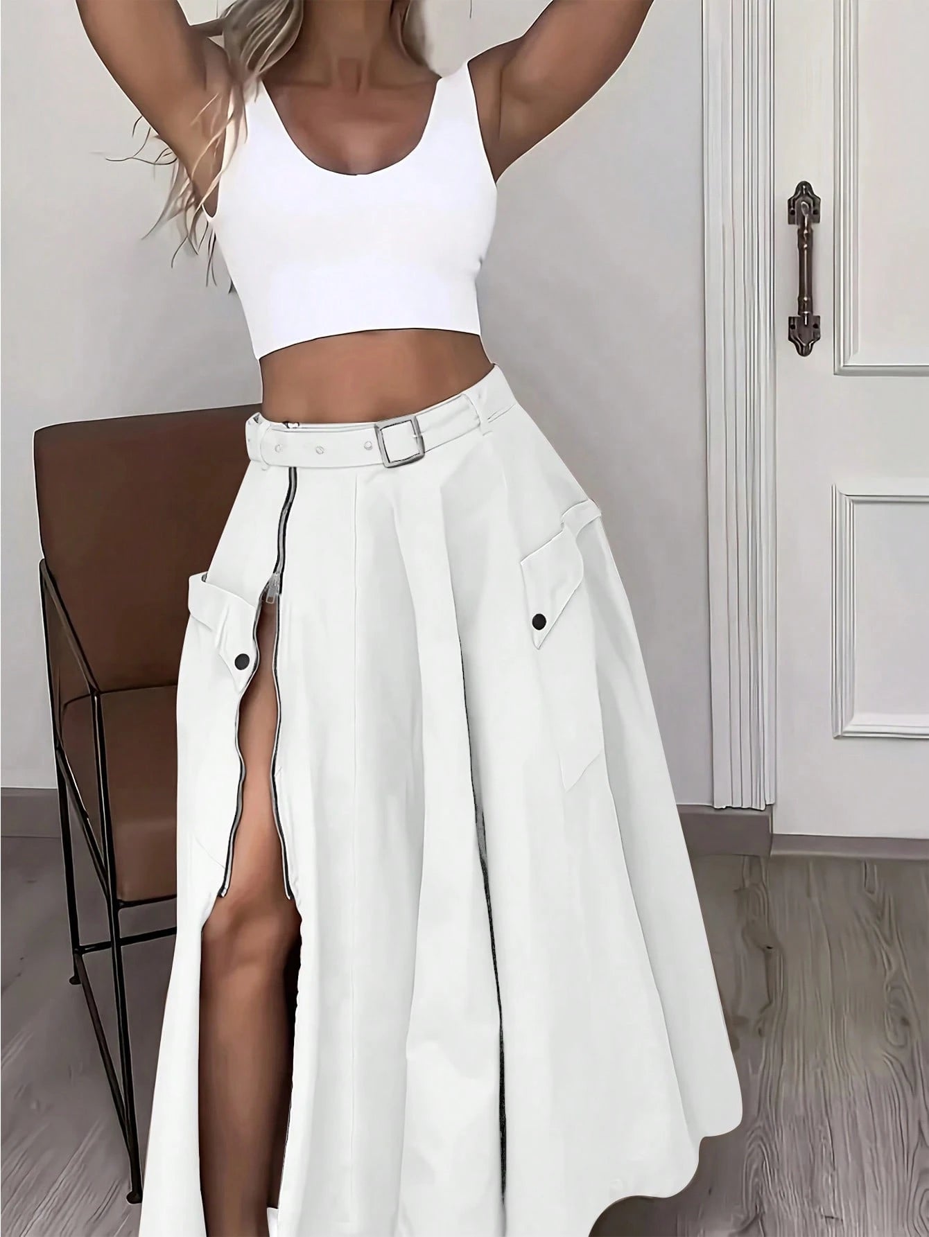 SHEIN Women's Solid Color Zipper Pocket Minimalist Casual Elegant A-Line Skirt