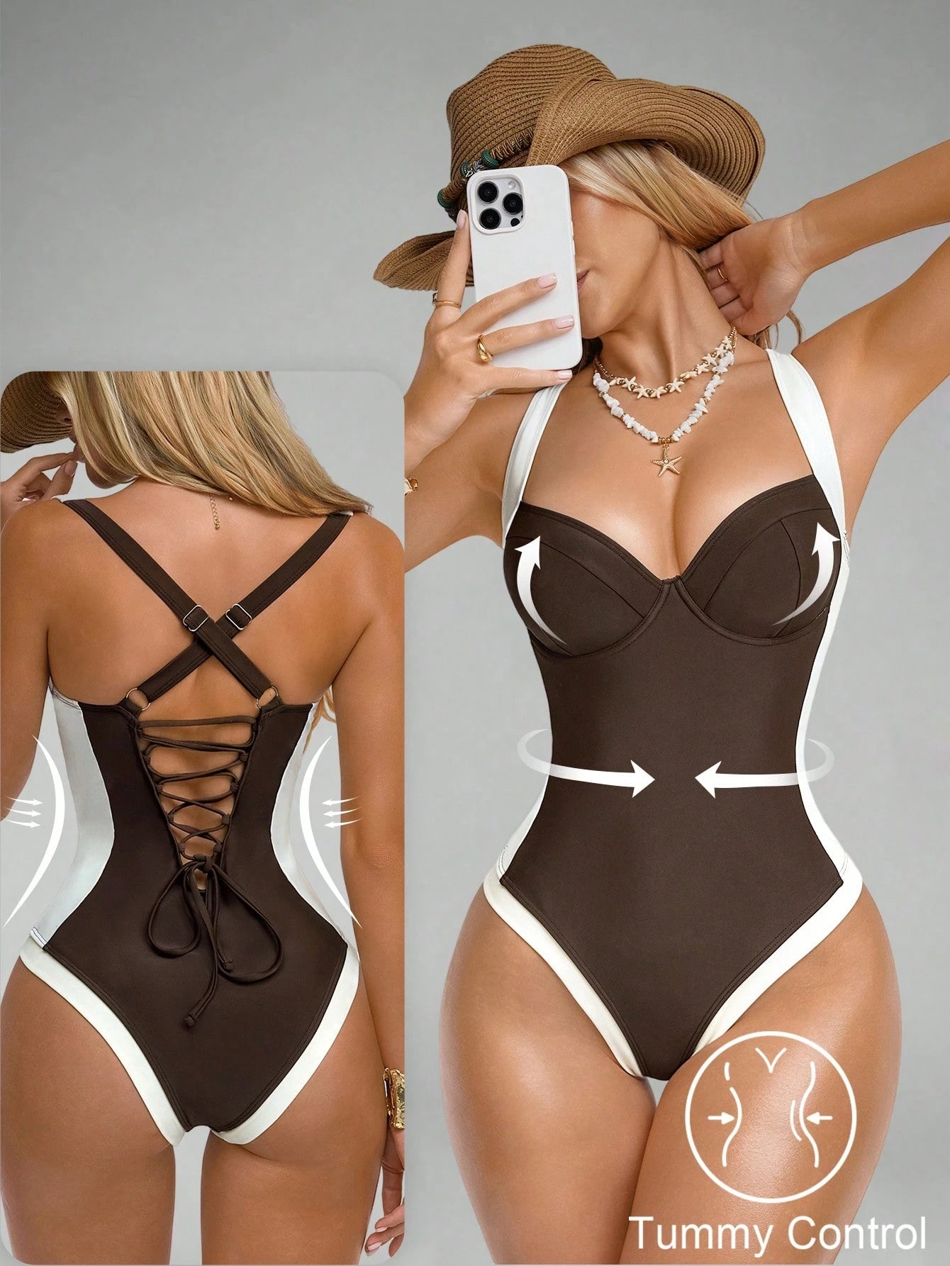 Brown and white swimsuit with tummy control feature, shown from front, back, and side views.