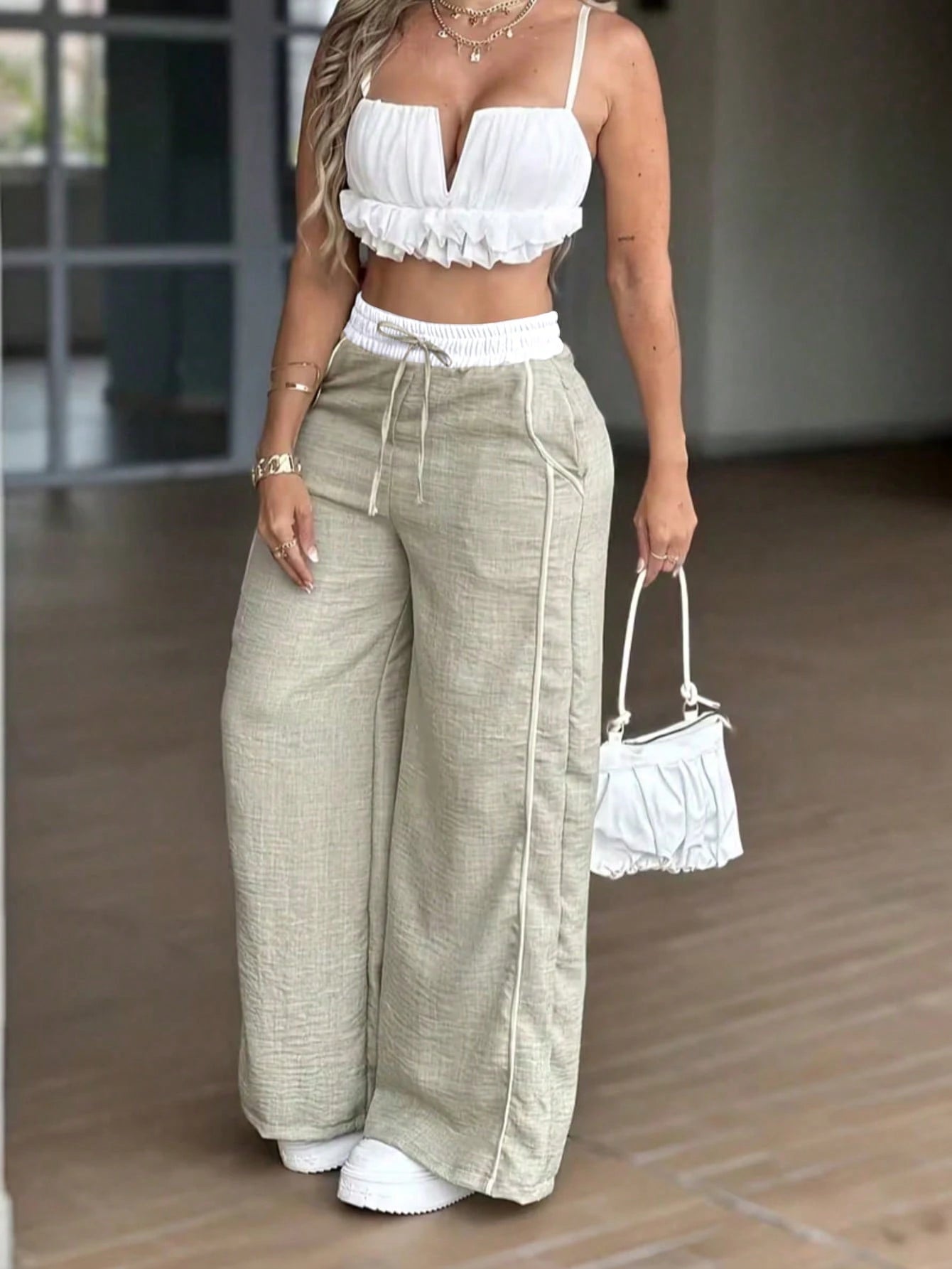 SHEIN Y2K Light Greenish-Gray High Waist Wide Leg Pants, European And American Loose Casual Pants, Spring/Summer Versatile Slimming Straight Leg Wide Pants