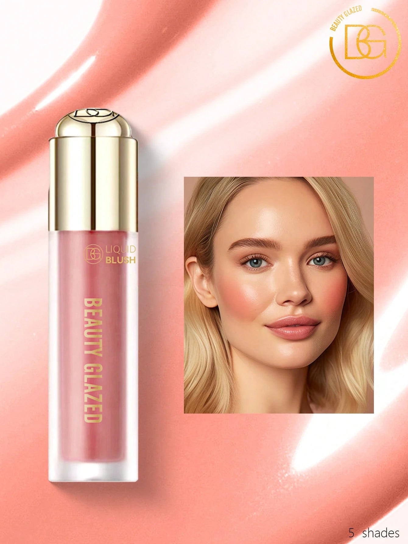 Beauty Glazed liquid blush with a model wearing the product on a pink background