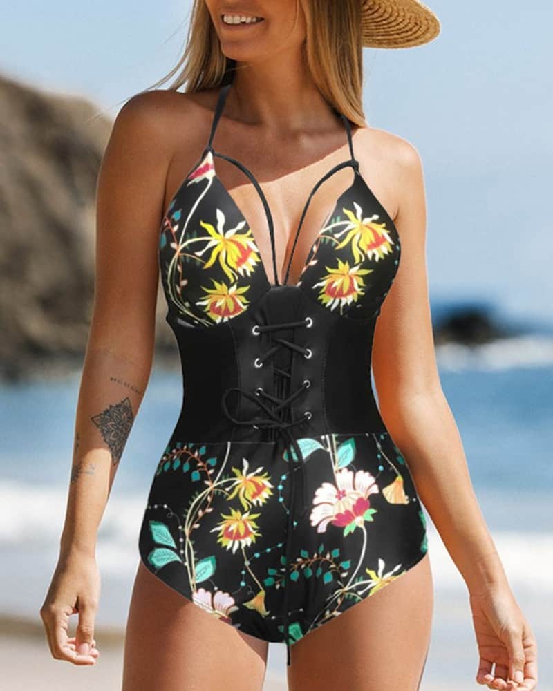 CHICME Floral Print Halter Corset Patch Cutout One Piece Swimsuit E2 - PINK SHOP EG