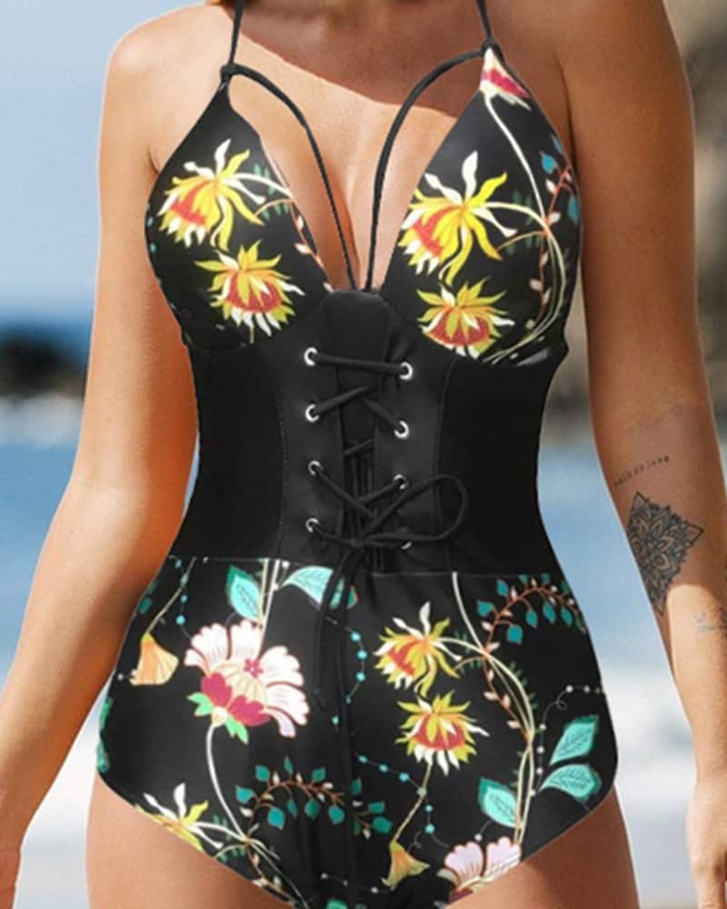 CHICME Floral Print Halter Corset Patch Cutout One Piece Swimsuit E2 - PINK SHOP EG