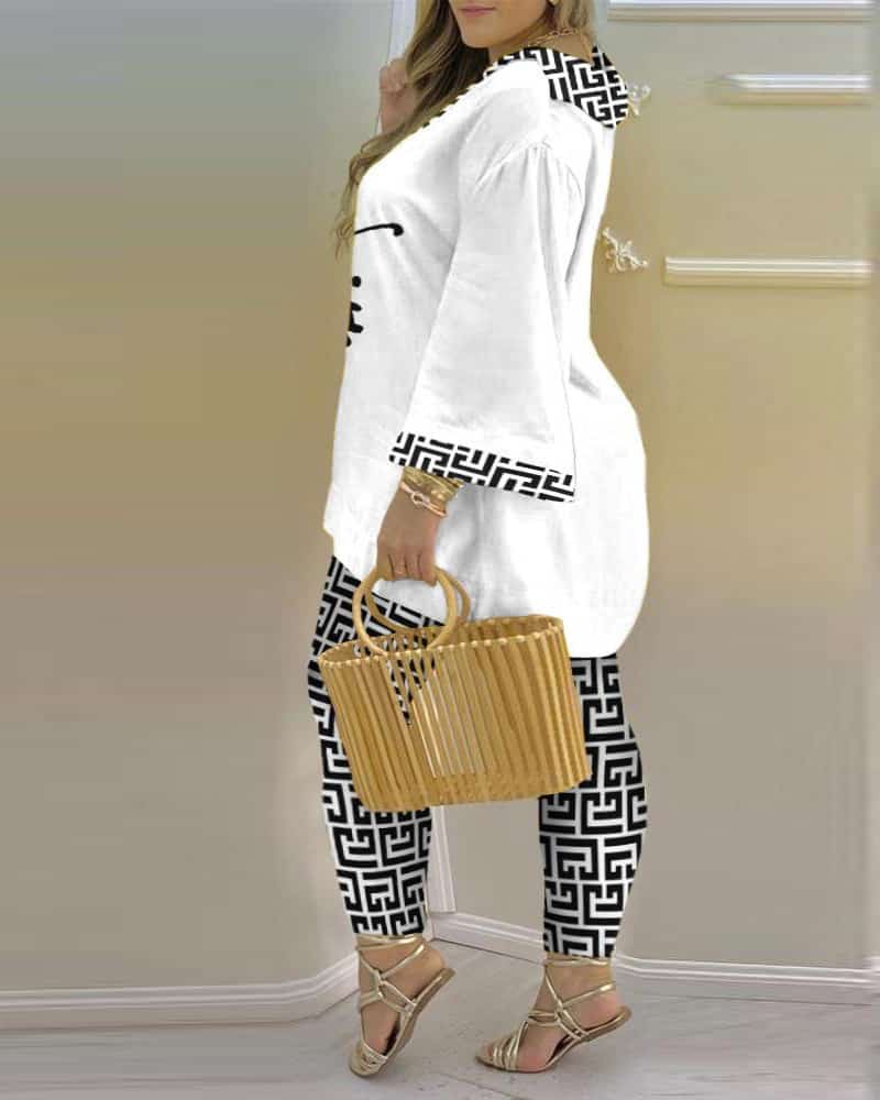 CHICME Plus Size Faith Geometric Print Bell Sleeve Top & Pants Set F2B - PINK SHOP EG