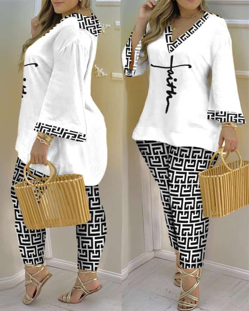 CHICME Plus Size Faith Geometric Print Bell Sleeve Top & Pants Set F2B - PINK SHOP EG