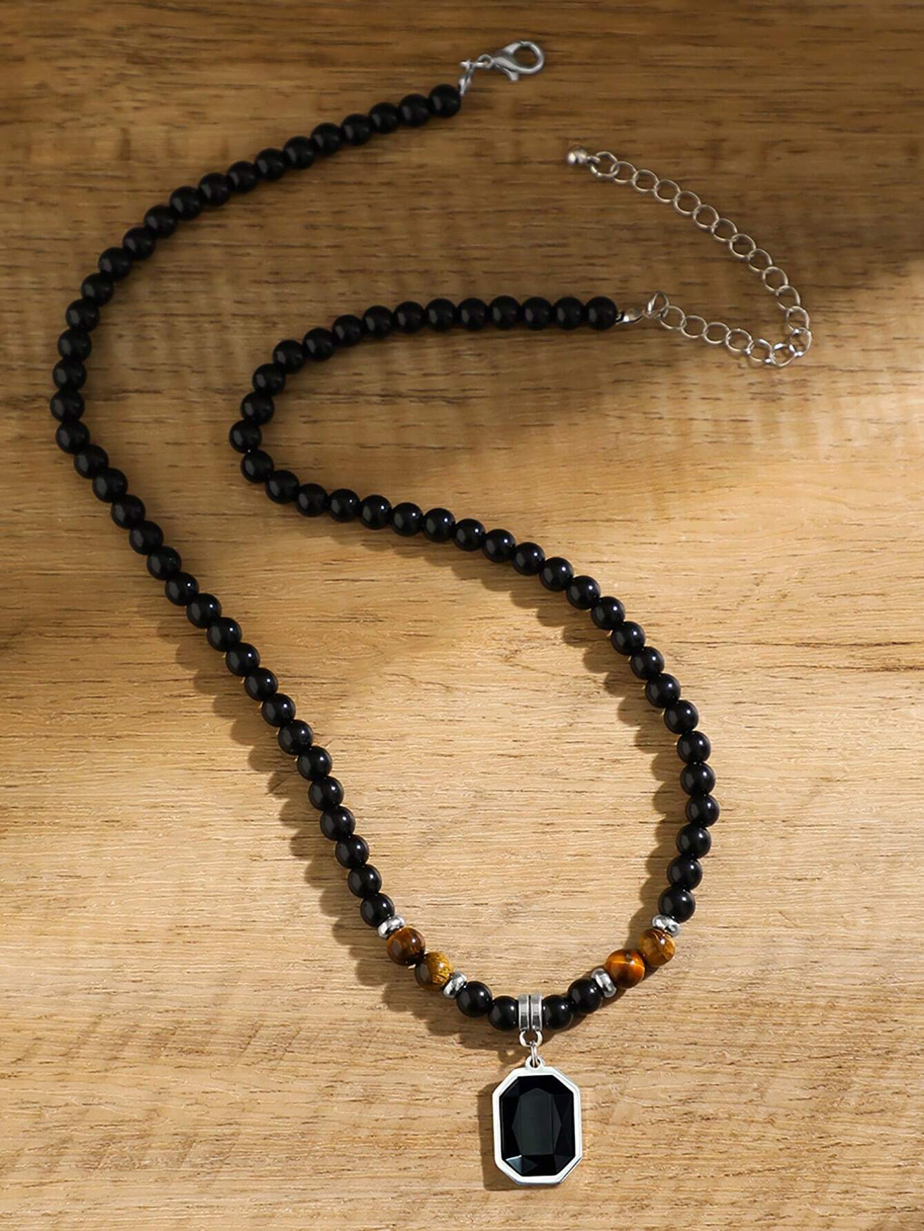 SHEIN 1pc Tiger's Eye Beaded Pendant Necklace With Black Square Rhinestone For Men